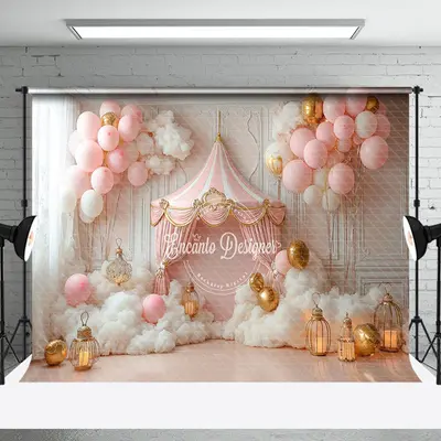 Pink Fairy Tale Balloons Tent Cake Smash Backdrop - Aperturee