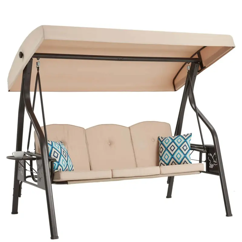 3-Seat Outdoor Canopy Porch Swing with Stand – 2-in-1 Patio Swing Bed & Chair for Adults, Includes 2 Free Pillows & Cup Hol...