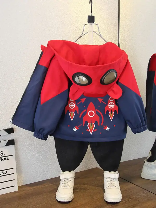 Boy's Cartoon Airplane Print Hooded Jacket, Casual Loose Long Sleeve Zip Up Outerwear for Spring & Fall, Kids Clothes for Dai...