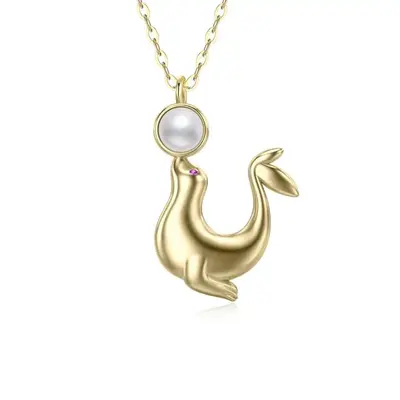14K Gold Pearl Sea ​​lion Pendant Necklace