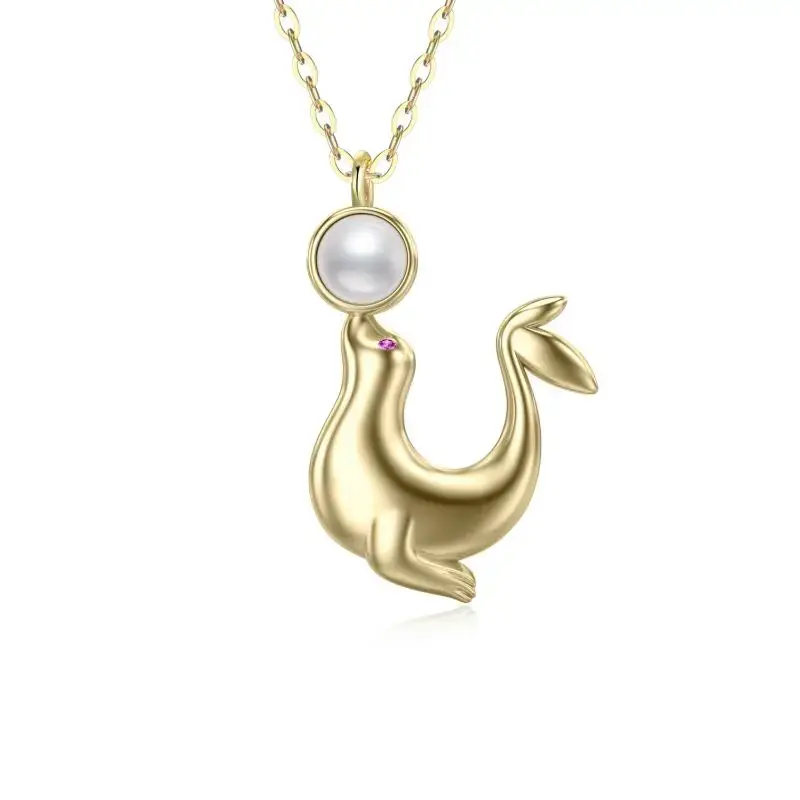 14K Gold Pearl Sea ​​lion Pendant Necklace