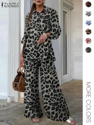 Two-piece Set Women's Leopard Print Button Front Shirt & Elastic Waist Wide Leg Pants, Casual Long Sleeve Pocket Collared Top...
