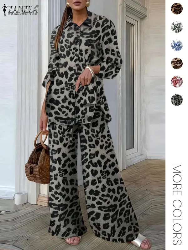 Two-piece Set Women's Leopard Print Button Front Shirt & Elastic Waist Wide Leg Pants, Casual Long Sleeve Pocket Collared Top...