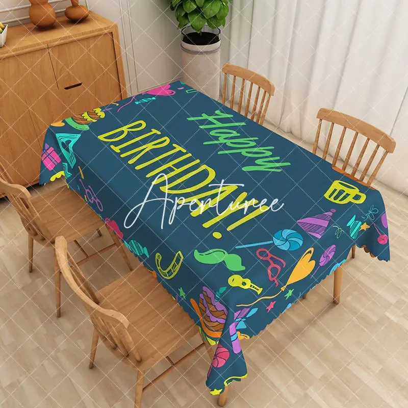 Aperturee Dark Green Happy Birthday Print Rectangular Tablecloth, 52 x 70 inch, 30.82 USD, rectangle tablecloths, ZWH01864-A