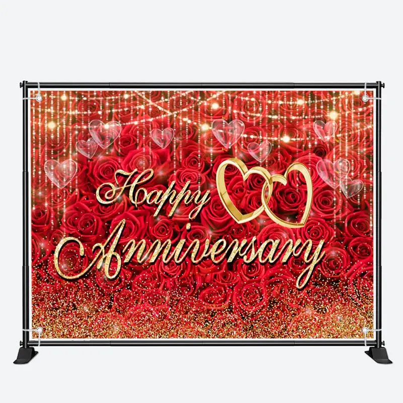 Glitter Gold Dots Rose Happy Anniversary Backdrop - Aperturee