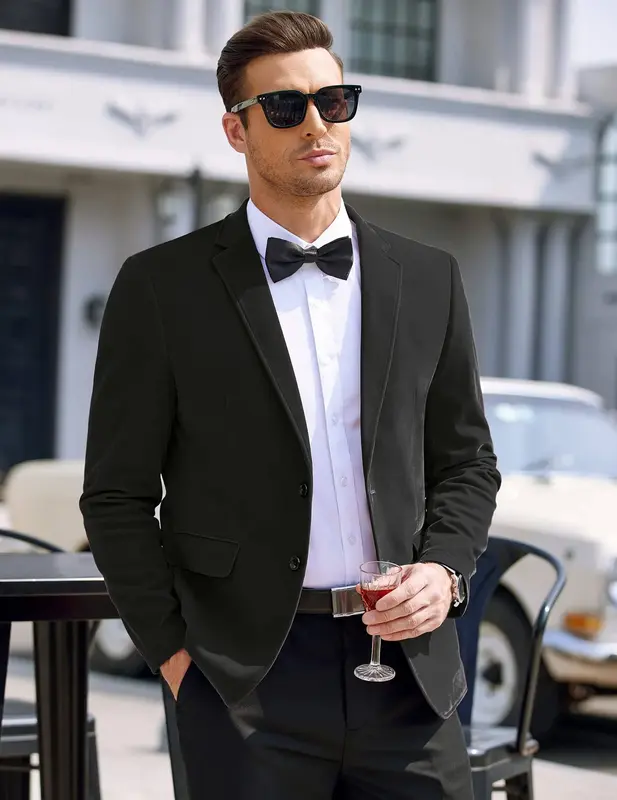 Two Button Slim Fit Blazers Retro Tuxedo Suit Jackets (US Only), Black / L