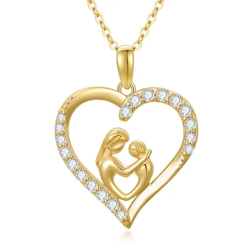 14K Gold Cubic Zirconia Mom Hug Kids Heart Pendant Necklace