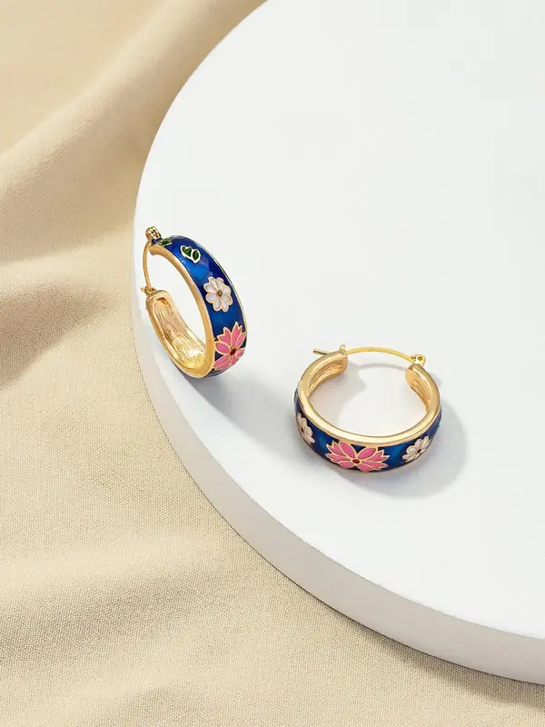 1 Pair/2 Pairs Vintage Drip Glaze Flower Design Hoop Earrings, Fashionable Earrings for Women, Elegant All-match Fashion Acce...