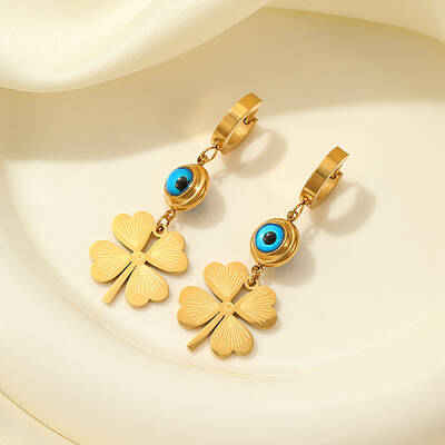 Blue Eye Stainless Steel Earrings with Lucky Clover Pendant for Women