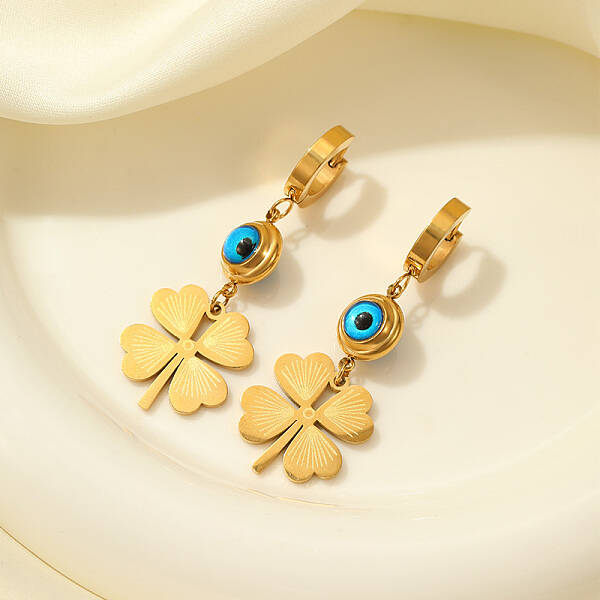 Blue Eye Stainless Steel Earrings with Lucky Clover Pendant for Women
