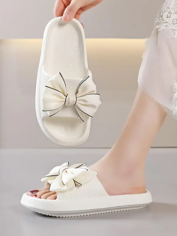 Summer 2024 Cute Bow Soft Comfortable Pillow-like Comfort Slippers, Silent Non-slip Eva Fashion Slides, Wide Band Platform Sl...