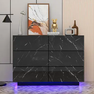 Anbuy LED Black Marble 6 Drawer Double Dresser with Light, Modern Dresser with High Gloss Drawers Dual Chest of Drawers Dress...