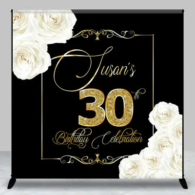 Black Gold White Rose Custom 30th Birthday Backdrop - Aperturee