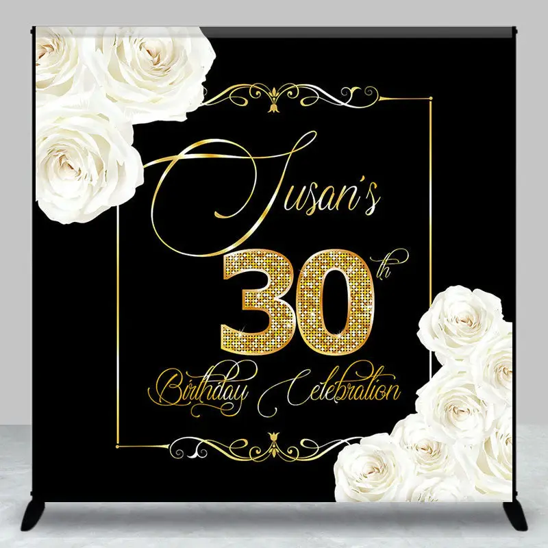Black Gold White Rose Custom 30th Birthday Backdrop - Aperturee