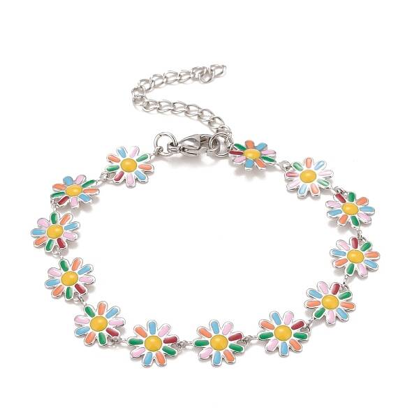 Enamel Daisy Link Chains Bracelet
