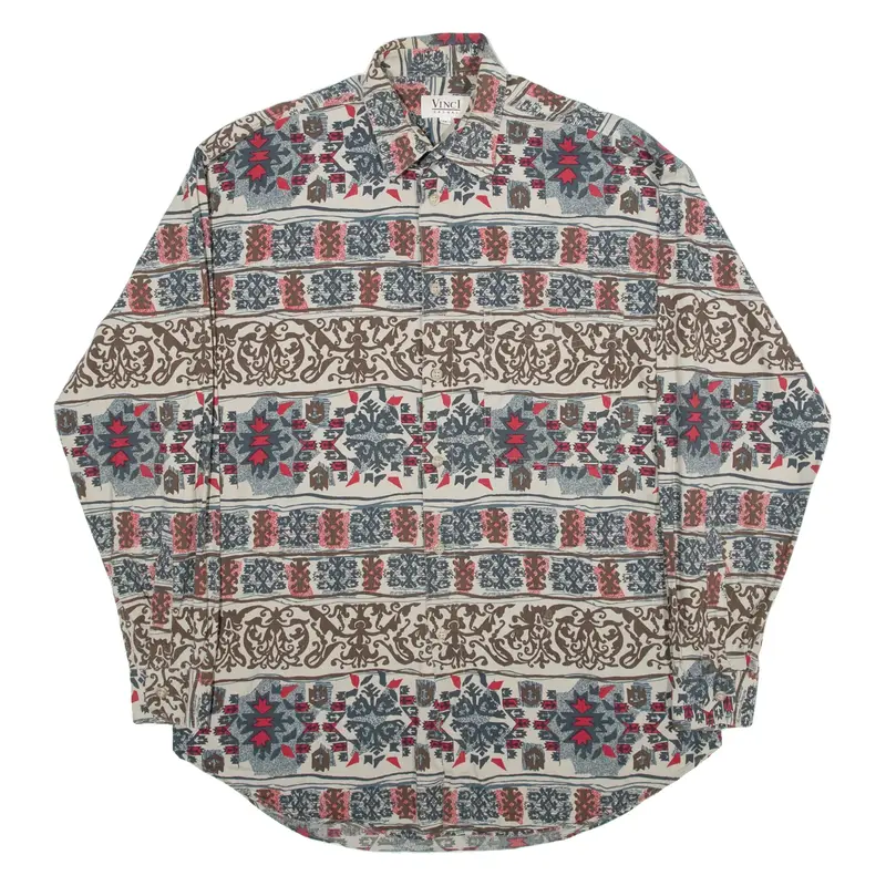 VINCI CASUAL Mens Shirt Brown 90s Crazy Pattern Long Sleeve M