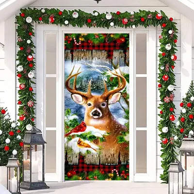 Birds Elk Plank Snowy Red Plaid Christmas Door Cover - Aperturee
