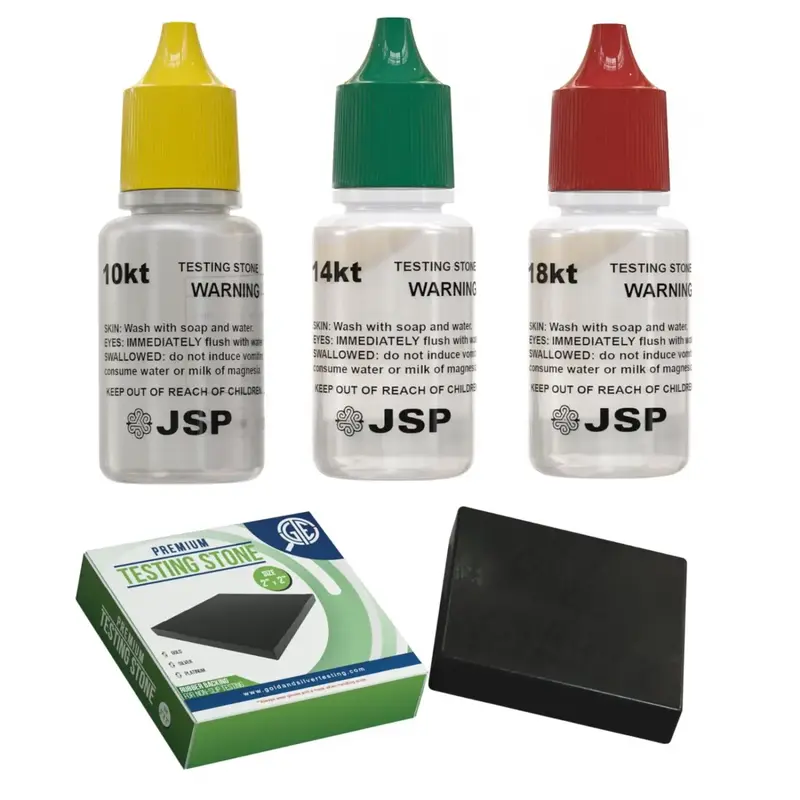 JSP Gold Testing Acid Kit 10K 14K 18K with GTE Testing Stone for Jewelry Purity Test 4-Piece Set Fresh Acids Easy Travel Size
