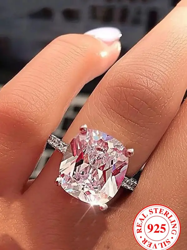 S925 Sterling Silver Square Shaped Artificial Zircon Ring, Shiny Fashionable Ring for Women, Trendy All-match & Exquisite Jew...
