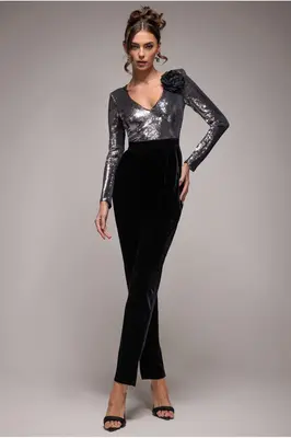 Goddiva Liquid Sequin Romper With Corsage - Silver