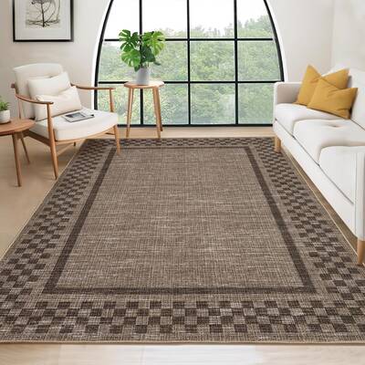 Garvee Large Bordered Rug 10x13 Washable Non Slip Low Pile Polyester Fiber TPR Backing Soft Non Shedding Checkered Pattern fo...