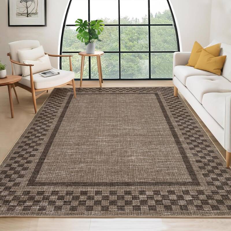 Garvee Large Bordered Rug 10x13 Washable Non Slip Low Pile Polyester Fiber TPR Backing Soft Non Shedding Checkered Pattern fo...