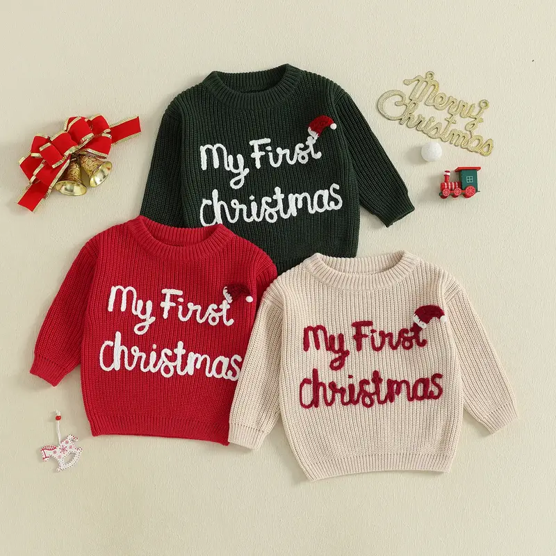 Infant Baby Girls Boy Knit Sweater Christmas Hat and Letter Embroidery Crew Neck Pullover Long Sleeve Tops 0-18 Months