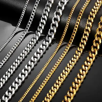 3/5/7/9/11mm Hermah Men's Curb Chain Necklace Choker Silver/Gold Color Stainless Steel Cuban Link Jewelry for Male Female Val...