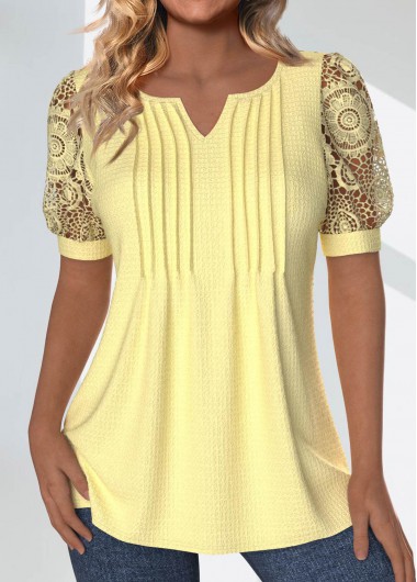 Modlily Light Yellow Tuck Stitch Short Sleeve T Shirt - XL