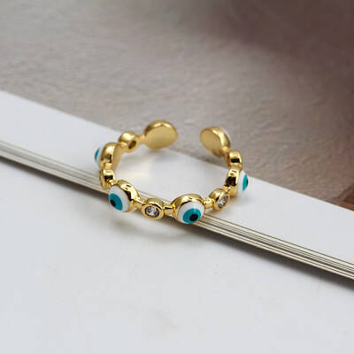 Flat Round with Evil Eye Brass Micro Pave Clear Cubic Zirconia with Enamel Cuff Rings