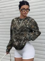 Women's Camo Print Drop Shoulder Pullover, Casual Long Sleeve Round Neck Sweatshirt for Fall & Winter, Women's Clothes for Da...
