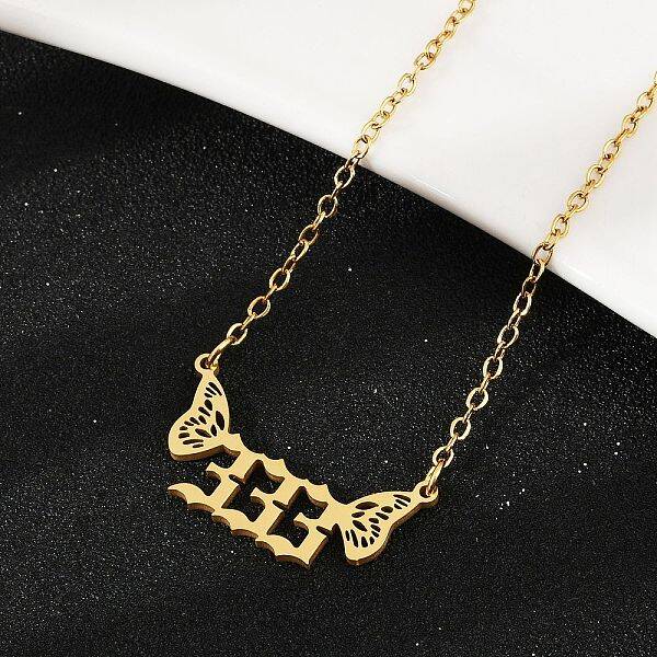 201 Stainless Steel Number 333 with Butterfly Wings Pendant Necklaces