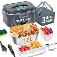 Electric Heated Lunch Box 100W - 1.8L Portable Food Heater for Adults, 12V/24V/110V with Leak-Proof Compartment Lid, Steel an...