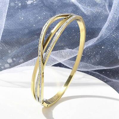 Ion Plating(IP) 304 Stainless Steel Polymer Clay Rhinestone Hinged Bangles for Women