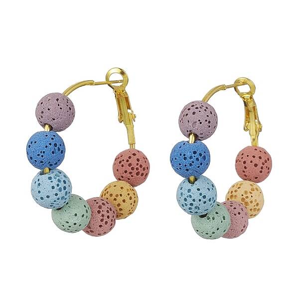 Dyed Natural Lava Rock Round Beaded Hoop Earrings