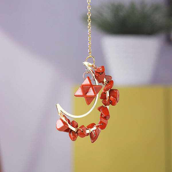 Natural Red Jasper Chip Wire Wrapped Metal Moon Hanging Ornaments