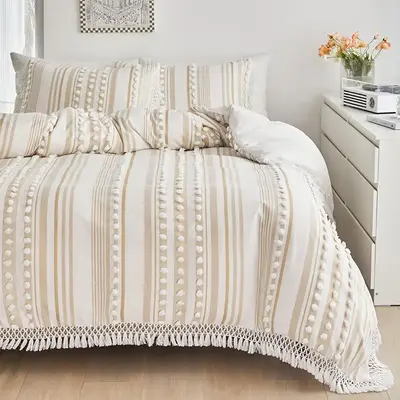 Boho Pom-pom Tassel Decorative Bedding Set, 3 Counts/set Including 1 Duvet Cover & 2 Pillowcase without Filler, Bohemian Bedd...
