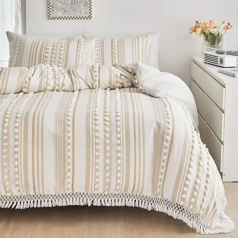 Boho Pom-pom Tassel Decorative Bedding Set, 3 Counts/set Including 1 Duvet Cover & 2 Pillowcase without Filler, Bohemian Bedd...