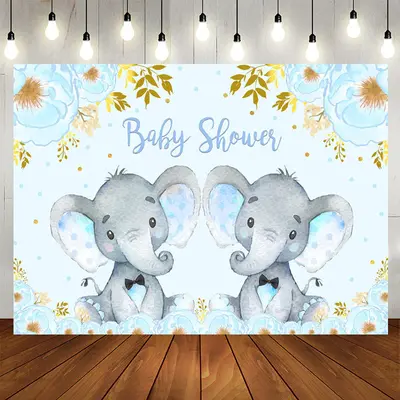 Aperturee Blue Elephant And Floral Baby Shower Backdrop For Twins