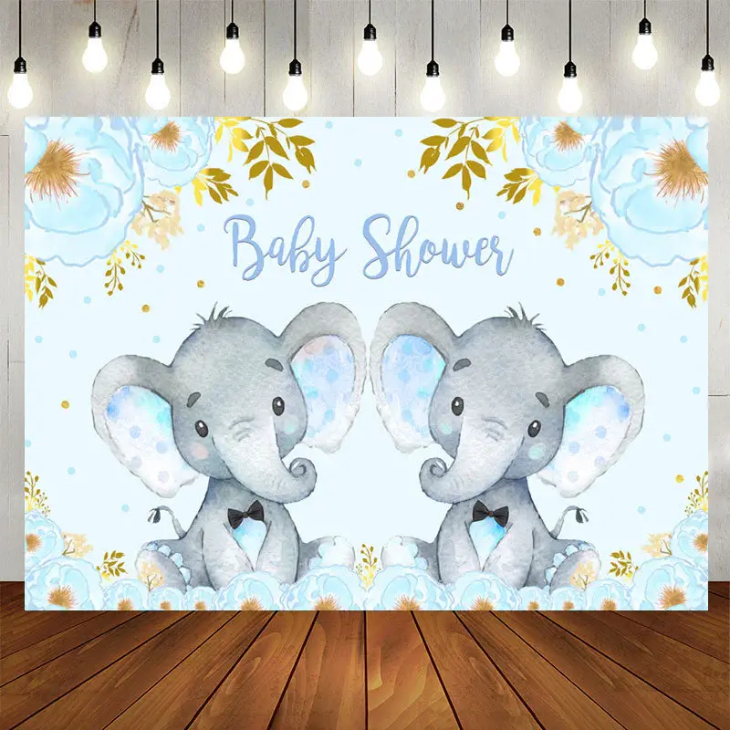 Aperturee Blue Elephant And Floral Baby Shower Backdrop For Twins