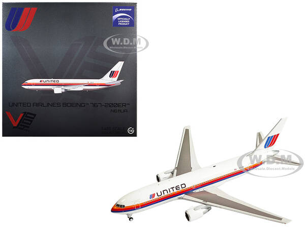 Boeing 767-200ER Commercial Aircraft United Airlines (N611UA) White with Stripes 1/400 Diecast Model Airplane by V1:400