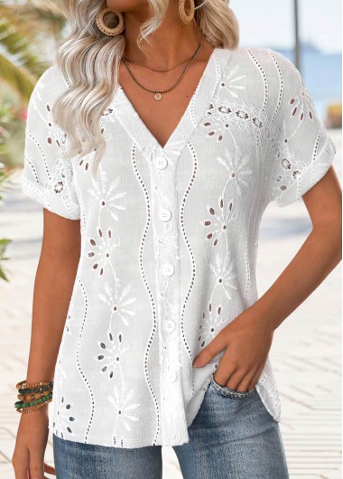 Modlily White Button Short Sleeve V Neck Blouse - XL