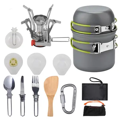 Camping Cookware Kit Outdoor Cooking Set Aluminum Equipment Outdoor Pot Travel Tableware Kitchen Hiking Picnic BBQ | Color: G...
