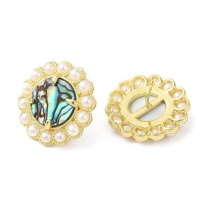 Ion Plating(IP) Natural Shell Flower Stud Earrings with Plastic Pearl Beaded