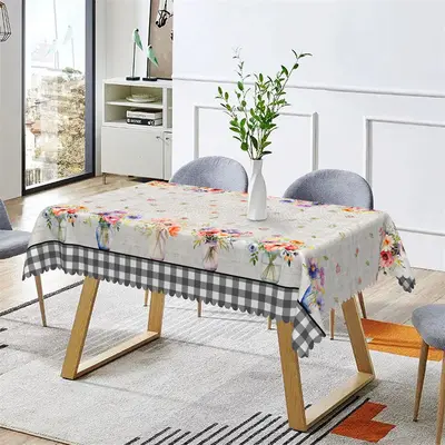 Retro Floral Black White Plaid Rectangle Tablecloth - Aperturee