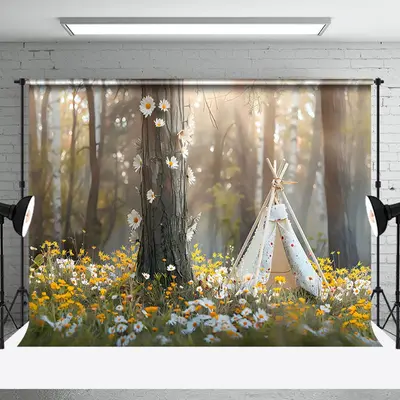 Spring Floral Tent Trunk Sunlight Forest Backdrop - Aperturee
