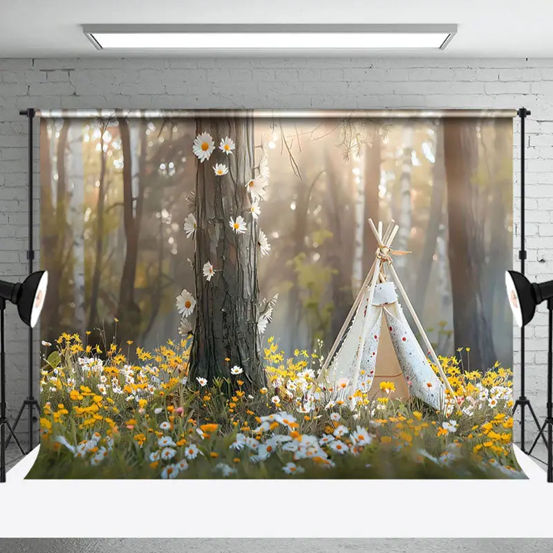 Spring Floral Tent Trunk Sunlight Forest Backdrop - Aperturee