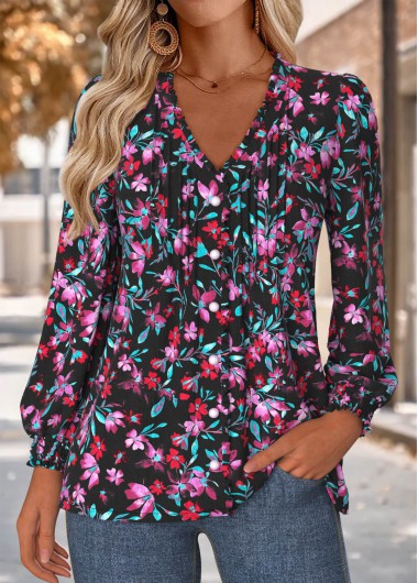 Modlily Multi Color Frill Floral Print Long Sleeve Blouse - XL