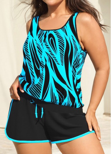 Modlily Plus Size Patchwork Mint Green Geometric Print Tankini Set - 1X