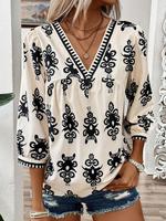 Women's Ethnic Pattern V Neck Blouse, Boho Casual 3/4 Sleeve Top for Spring & Fall, Women's Clothing for Daily Wear, Womenswe...